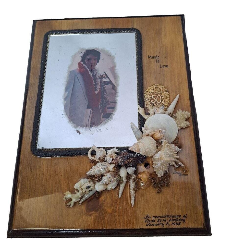 Elvis Presley 50th Birthday Mirror Art Plaque 1985 Seashell Music Is Love VTG
